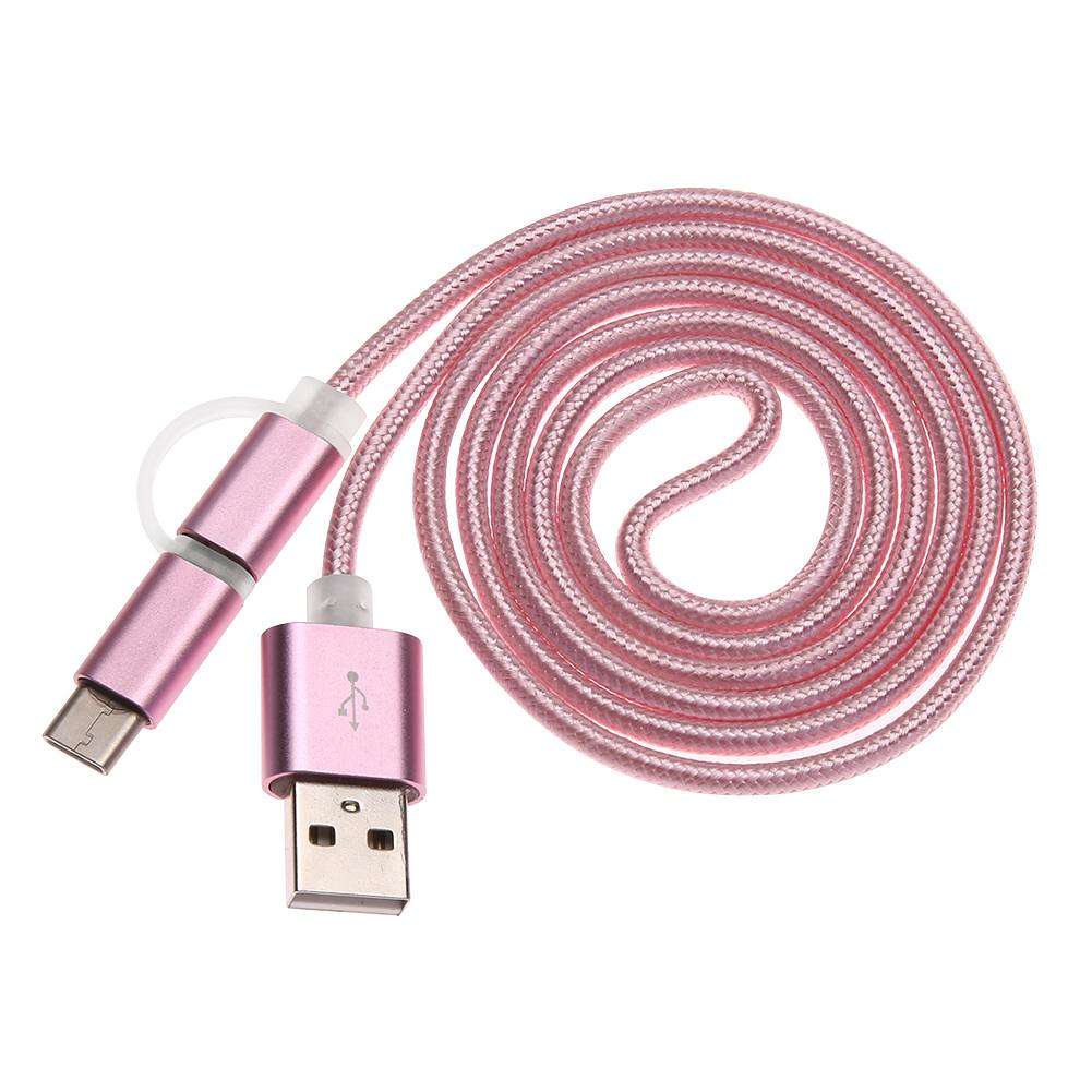 2 in 1 Micro USB & USB-C Charge Sync Cable Rose Gold