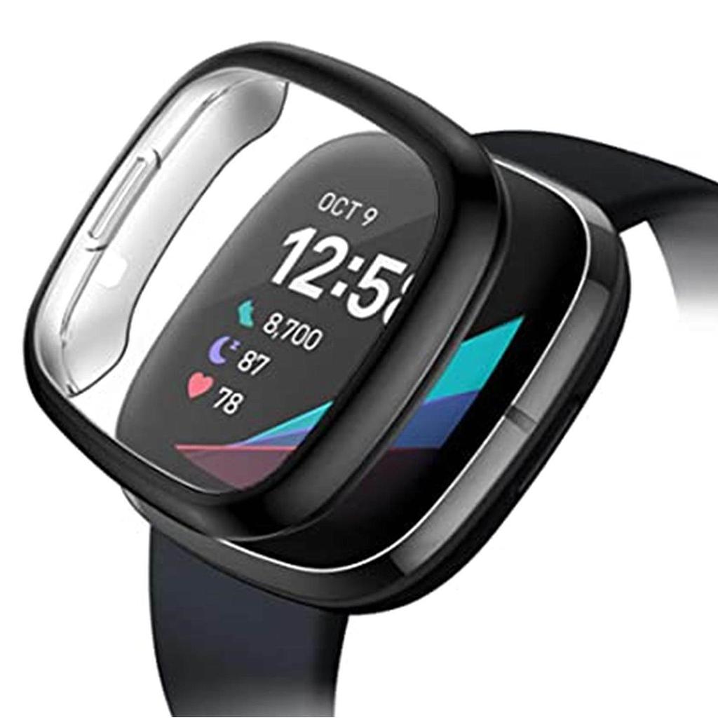 For Fitbit Versa 4 Sense 2 Silicone TPU Shell Case Screen Protector Frame Cover black 